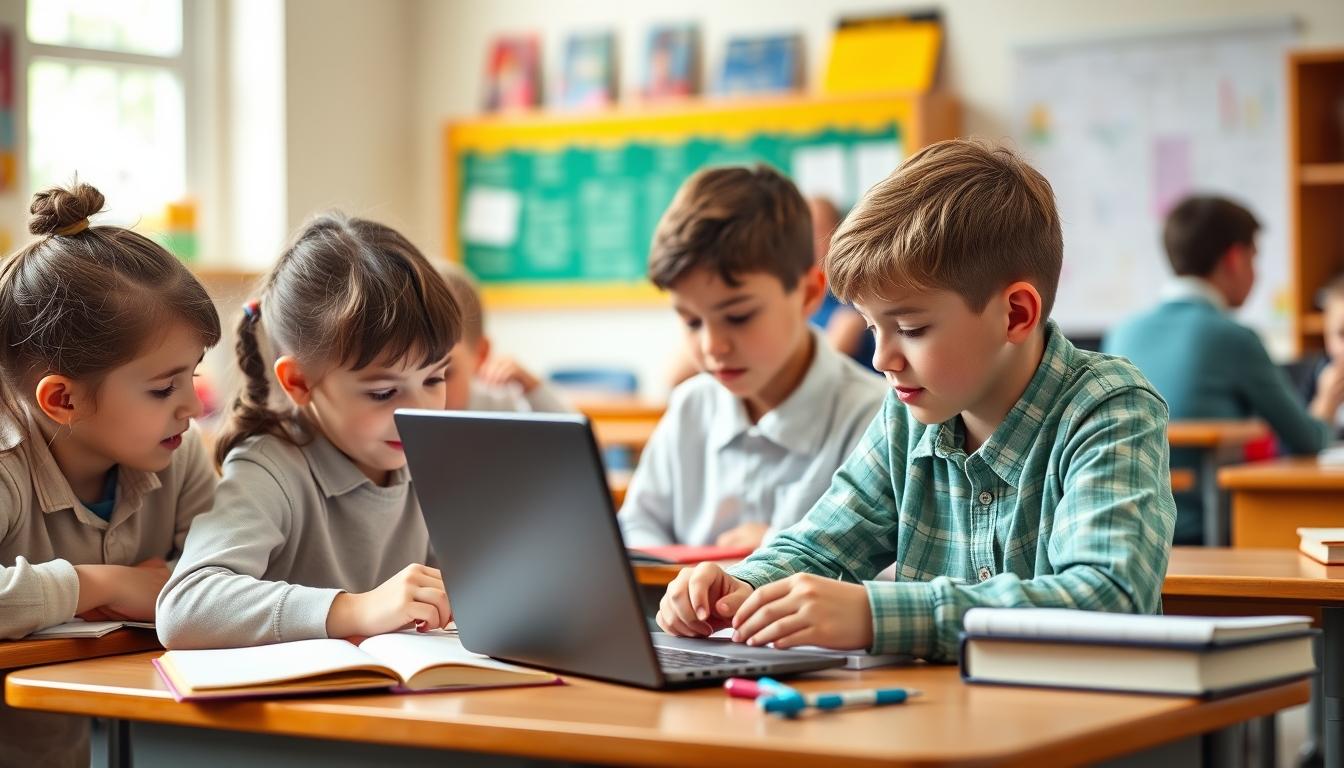 Students studying together in modern classroom